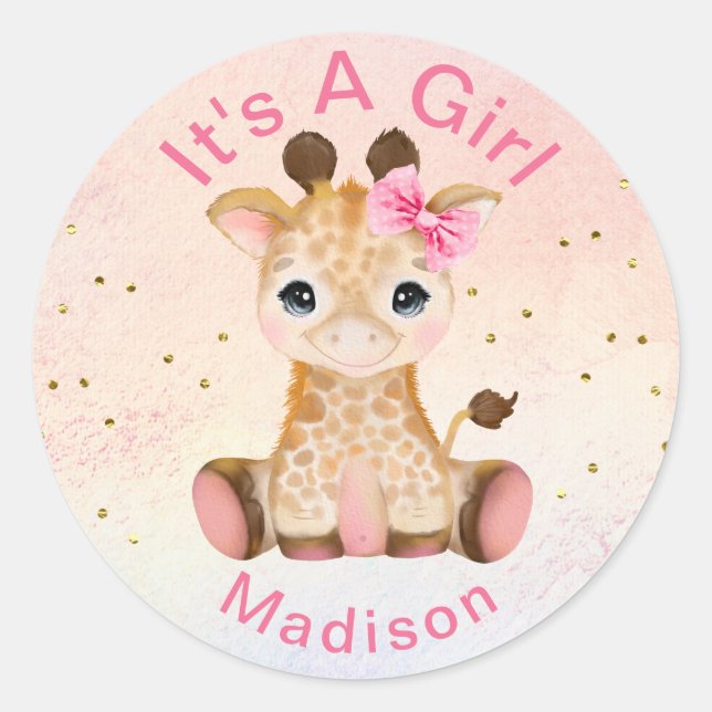 Niedliche Personalisierte Girls Pink Baby Giraffe  Runder Aufkleber (Vorderseite)