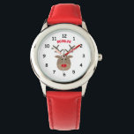 Niedliche personalisierte Kinderuhr mit lustigen R Armbanduhr<br><div class="desc">Niedliche personalisierte Kinderuhr mit lustigem Rentierlogo. Spaß personalisierbare Geschenkidee für kleine Kinder (Junge oder Mädchen). Individuelle Kinderuhren mit Vornamen oder Rentiernamen. Rudolph die rote Nase Rentiere Weihnachtsdesign. Gute Ferien! Geschenke für Sohn, Tochter, Enkel, Enkelin, Enkel, Enkel, Klasse, Neffe, Cousin usw. Hirsche mit Geweih-Cartoon. Rentiernamen des Weihnachtsmanns: Rudolph, Dasher, Dancer, Prancer,...</div>