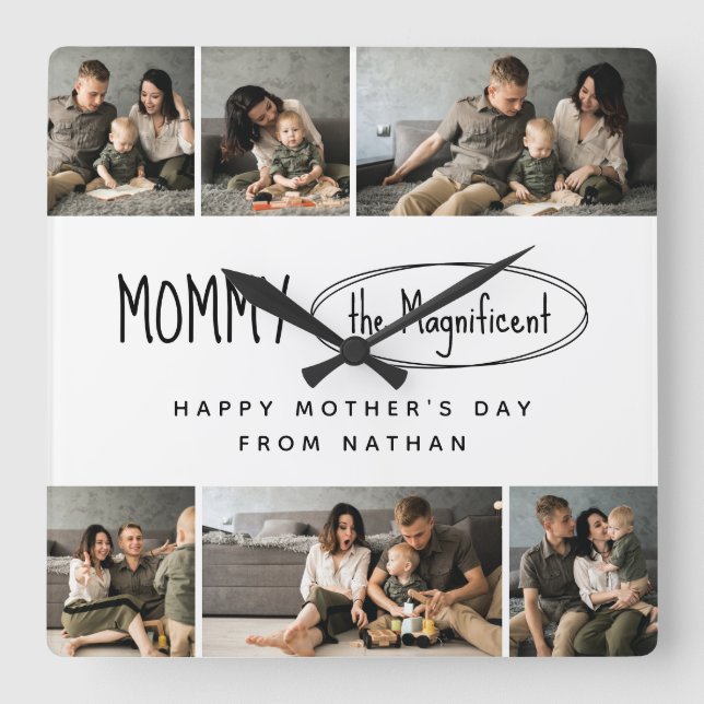 Niedliche Personalisierte Mütter Tag Familie Foto Quadratische Wanduhr (Vorderseite)