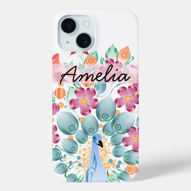 Niedliche Personalisierte Pfauenflora Case-Mate iPhone Hülle (Rückseite)