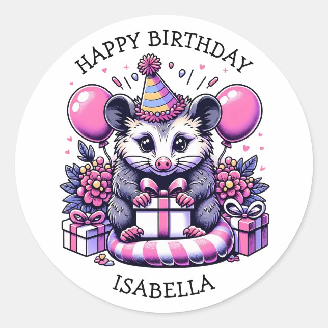 Niedliche Personalisierte Possum Girl's Birthday P Runder Aufkleber (Vorderseite)