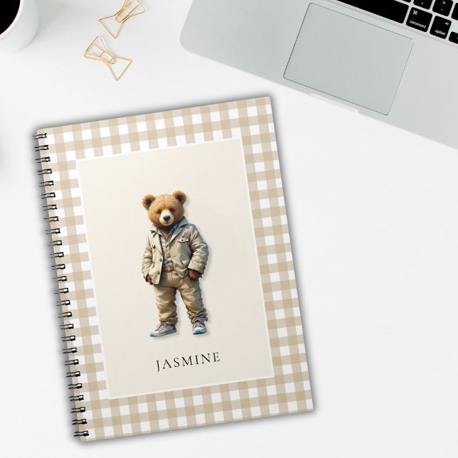 Niedliche personalisierte Teddy Notizblock (cute personalized teddy notepad with a neutral beige plaid background)