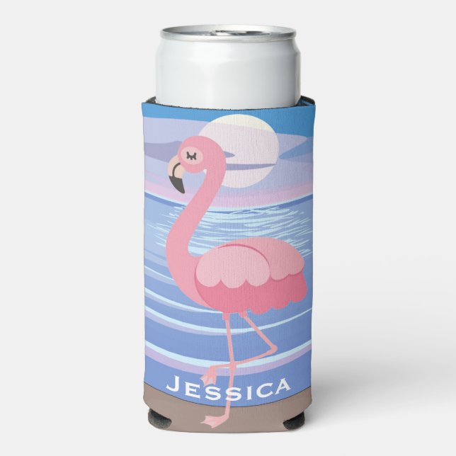 Niedliche Personalisierte tropische Insel Flamingo Selters Dosenkühler (Seltzer Vorderseite)