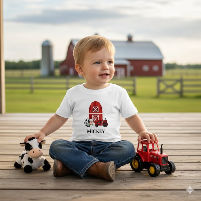 Niedliche Personalisierung von Bauernstall und Rot Baby T-shirt (Farm fun with Mickey: barn, cow & tractor joy perfect for little adventurers on the porch!)