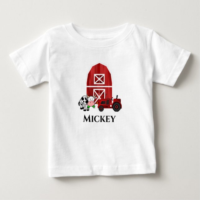 Niedliche Personalisierung von Bauernstall und Rot Baby T-shirt (Vorderseite)