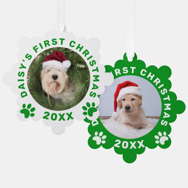 Niedliche Pet's First Christmas Green Paw Prints Ornament Karte (Vorderseite/Rückseite)