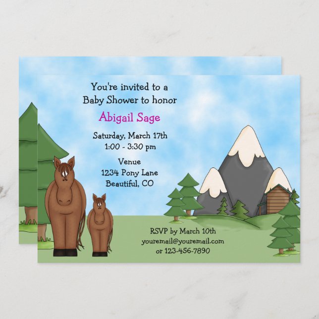 Niedliche Pferde und Berge Kinderdusche Einladung (Vorne/Hinten)