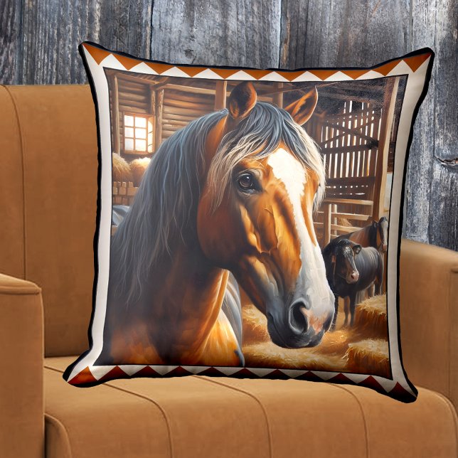 Niedliche Pferdezucht Kissen (Pillow featuring a painting of a cute horse in a stable with other animals - farmhouse - horse lover)
