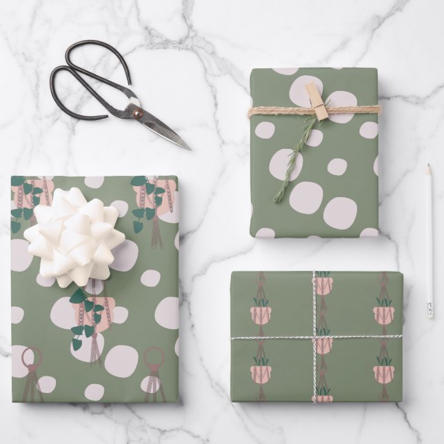 Niedliche Pflanze Makrame-Scatter-Dot-Muster Geschenkpapier Set (Vorderseite)