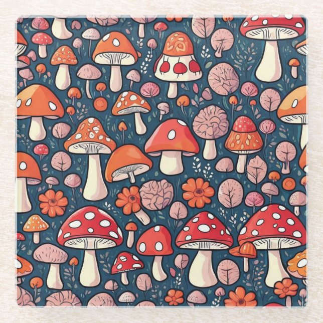 Niedliche Pilze aus rotem Blumen in grüner Dekorat Glasuntersetzer (Vorderseite)