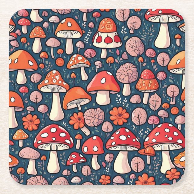 Niedliche Pilze aus rotem Blumen in grüner Dekorat Rechteckiger Pappuntersetzer (Vorderseite)