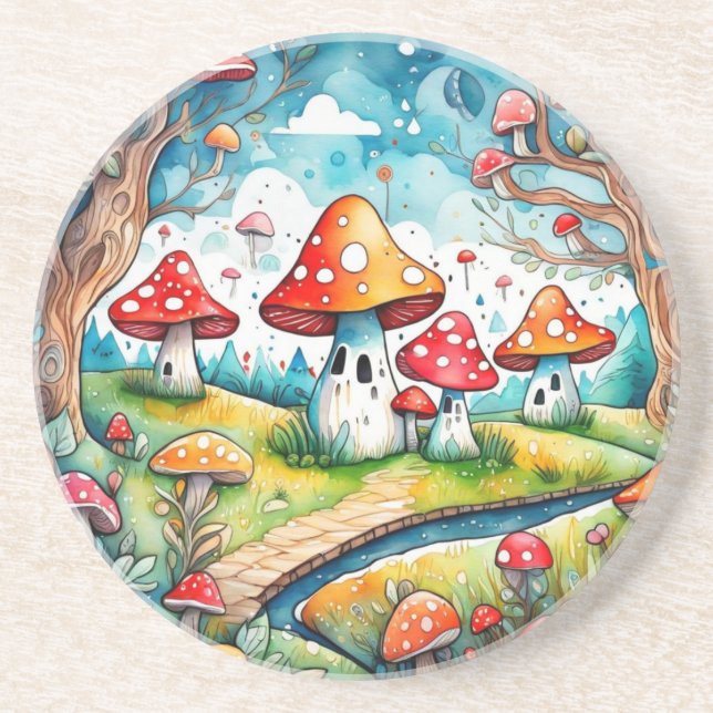 Niedliche Pilze Blätter Hütte Kerndesign Getränkeuntersetzer (Vorne)