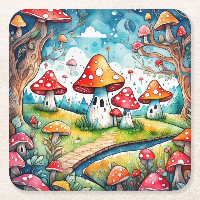 Niedliche Pilze Blätter Hütte Kerndesign Rechteckiger Pappuntersetzer (Vorderseite)