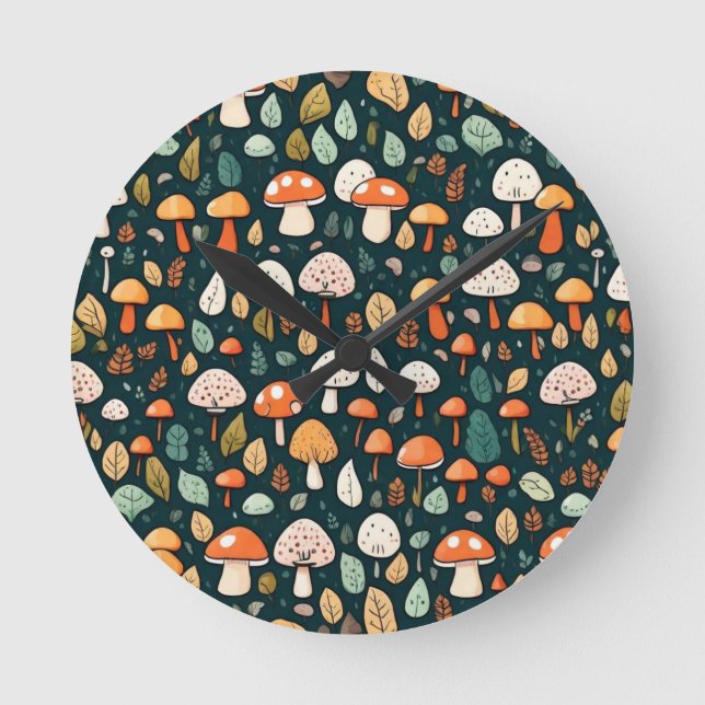 Niedliche Pilze Blätter Hütte Kerndesign Runde Wanduhr (Vorderseite)