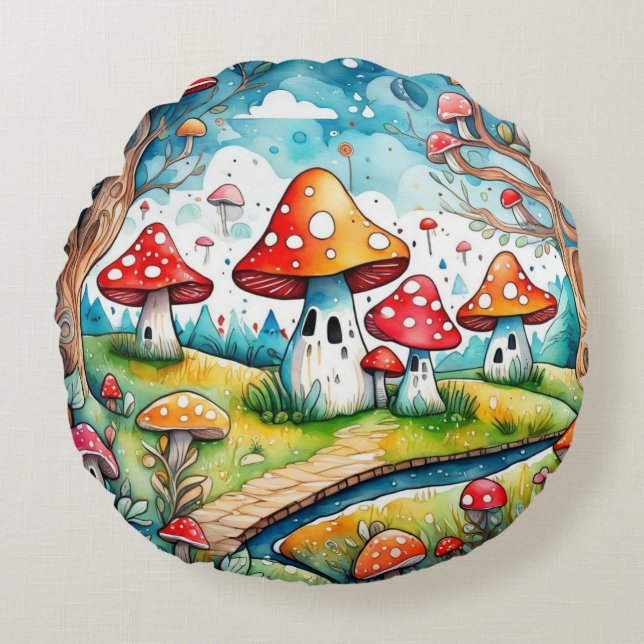Niedliche Pilze Blätter Hütte Kerndesign Rundes Kissen (Vorderseite)