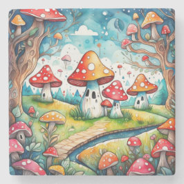 Niedliche Pilze Blätter Hütte Kerndesign Steinuntersetzer