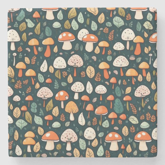 Niedliche Pilze Blätter Hütte Kerndesign Steinuntersetzer (Vorderseite)