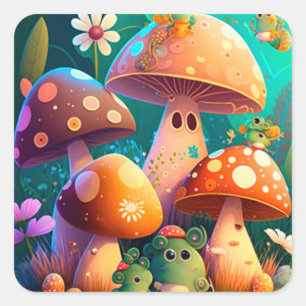 Niedliche Pilze im Wald Quadratischer Aufkleber