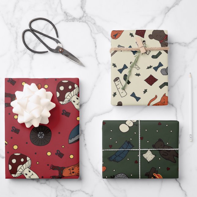 Niedliche Pilze und Bären, Igel, Maus Winter Geschenkpapier Set (Vorderseite)