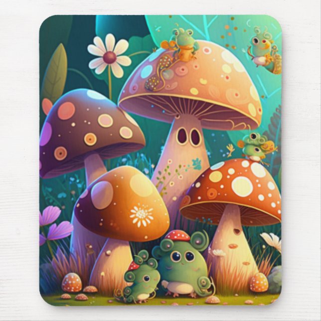 Niedliche Pilze und Blume Käfer grün Mousepad (Vorne)