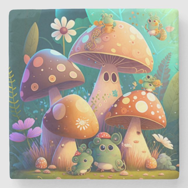 Niedliche Pilze und Blume Käfer grün Steinuntersetzer (Vorderseite)