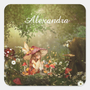 Niedliche Pilzmühle im Wald Quadratischer Aufkleber