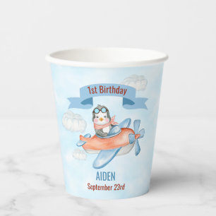 Niedliche Pinguin Airplane Blue 1. Geburtstag Pappbecher