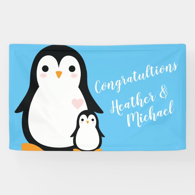 Niedliche Pinguin Baby Dusche Blue Boy Banner (Horizontal)