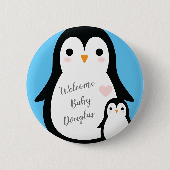 Niedliche Pinguin Baby Dusche Blue Boy Button (Vorderseite)