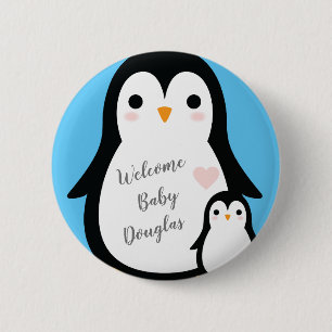 Niedliche Pinguin Baby Dusche Blue Boy Button