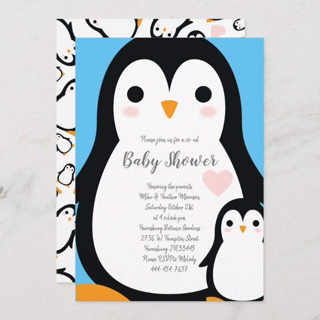 Niedliche Pinguin Baby Dusche Blue Boy Einladung (Vorne/Hinten)
