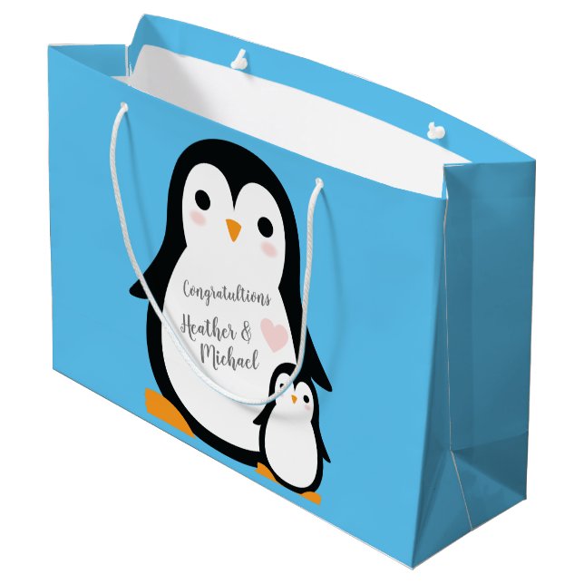 Niedliche Pinguin Baby Dusche Blue Boy Große Geschenktüte (Rückseite Schrägansicht)