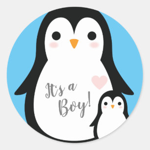 Niedliche Pinguin Baby Dusche Blue Boy Runder Aufkleber