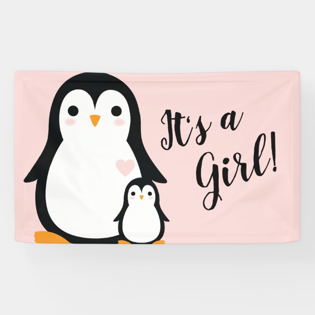 Niedliche Pinguin Baby Dusche Pink Girl Banner (Horizontal)