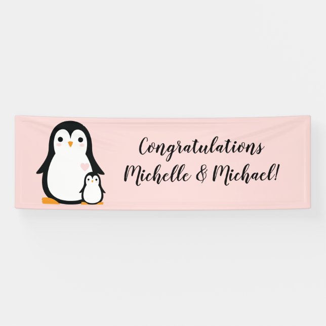 Niedliche Pinguin Baby Dusche Pink Girl Banner (Horizontal)