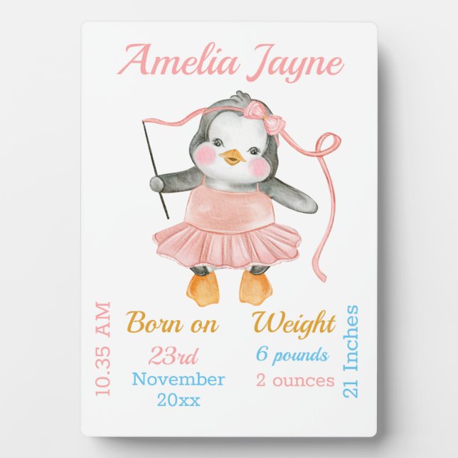 Niedliche Pinguin Ballerina Pink Baby Girl Stats Fotoplatte (Vorderseite)