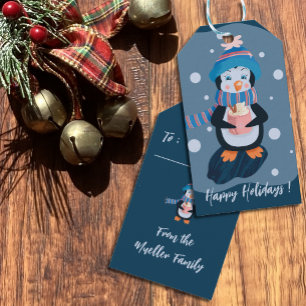 Niedliche Pinguin Blue Holiday Geschenketiketten Geschenkanhänger