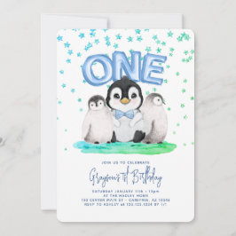 Niedliche Pinguin Boys 1. Geburtstag Einladung