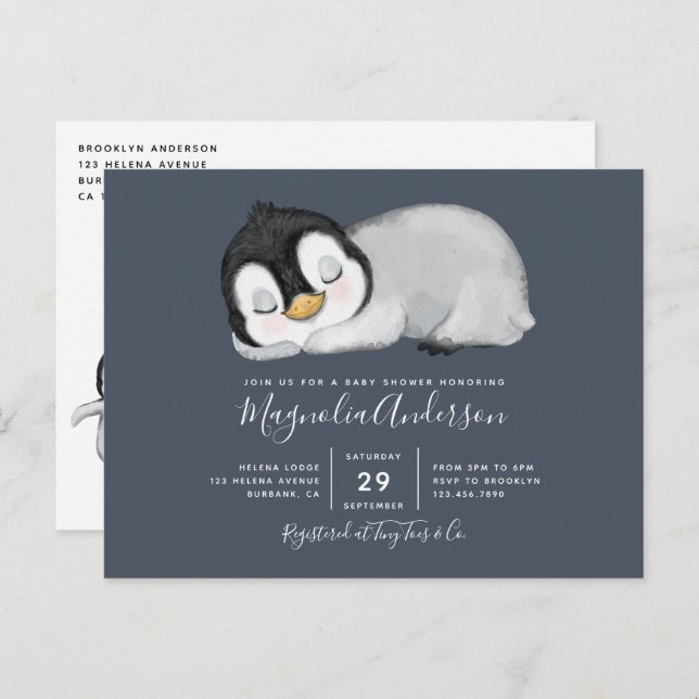 Niedliche Pinguin-Kinderdusche Einladung Postkarte (Vorne/Hinten)