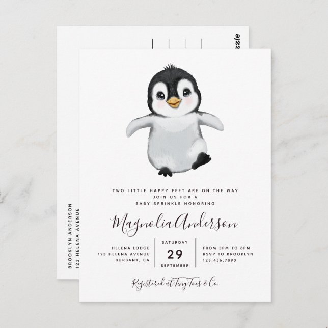Niedliche Pinguin-Kinderdusche Einladung Postkarte (Vorne/Hinten)
