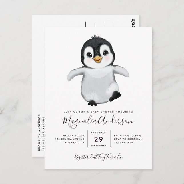 Niedliche Pinguin-Kinderdusche Einladung Postkarte (Vorne/Hinten)