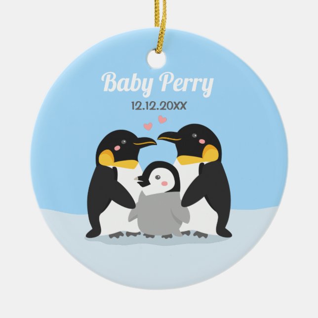 Niedliche Pinguin-Küken und Personalisierte Famili Keramik Ornament (Vorne)