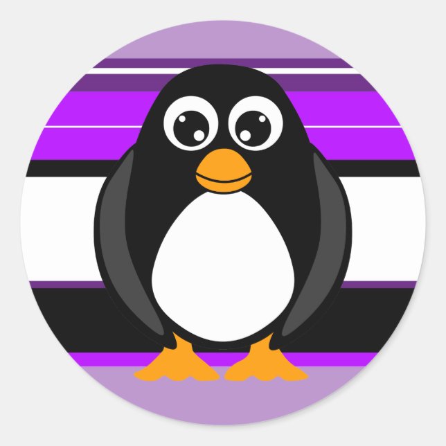 Niedliche Pinguin Lila Stripteppiche Runder Aufkleber (Vorderseite)