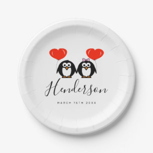 Niedliche Pinguin Pärchen Cartoon Papier Hochzeit  Pappteller