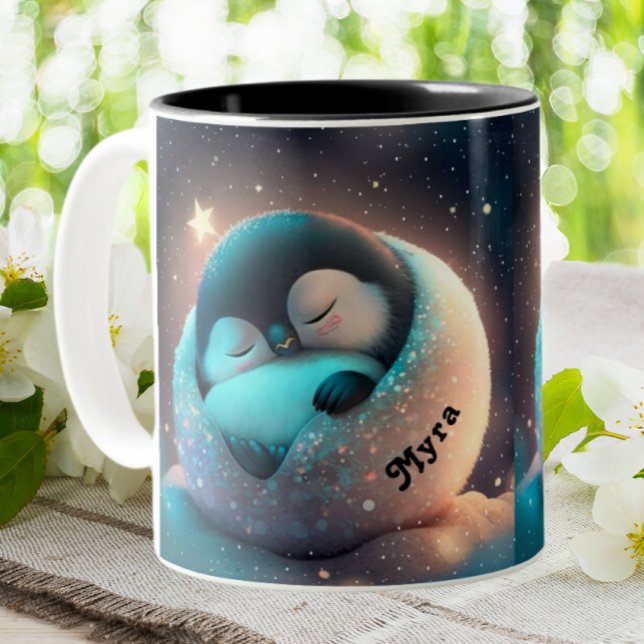 Niedliche Pinguin-Schlafstars Moon Personalisiert Zweifarbige Tasse (Von Creator hochgeladen)