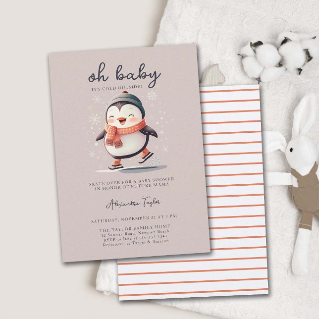 Niedliche Pinguin-Skate Cold Outside Girl Babydusc Einladung (baby cold outside girl shower invitation winter sports skating cute adorable watercolor sweet snow)