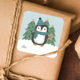 Niedliche Pinguin und Gingerbread Man Gift-Aufkleb Quadratischer Aufkleber