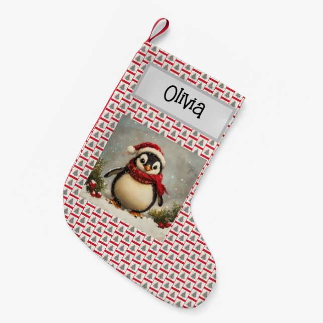 Niedliche Pinguin-W-Weihnachtsmannmütze, mit Namen Kleiner Weihnachtsstrumpf (Vorderansicht (hängend))