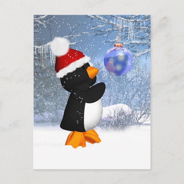 Niedliche Pinguin Winter Postkarte mit Baumdekorat (Vorderseite)