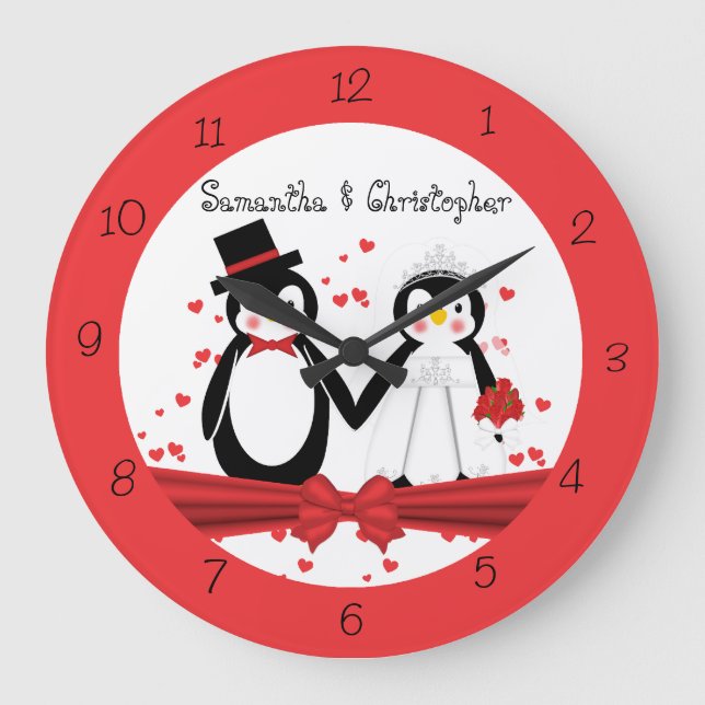 Niedliche Pinguinbrücke & Groom-Hochzeitsmauer Große Wanduhr (Vorderseite)
